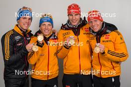 14.03.2015, Kontiolahti, Finland (FIN): Simon Schempp (GER), Eric Lesser (GER), Arnd Peiffer (GER), Daniel Boehm (GER), (l-r) - IBU world championships biathlon, medals, Kontiolahti (FIN). www.nordicfocus.com. © NordicFocus. Every downloaded picture is fee-liable.