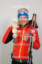 13.03.2015, Kontiolahti, Finland (FIN): Marie Dorin (FRA) - IBU world championships biathlon, medals, Kontiolahti (FIN). www.nordicfocus.com. © NordicFocus. Every downloaded picture is fee-liable.