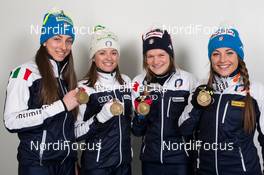 13.03.2015, Kontiolahti, Finland (FIN): Lisa Vittozzi (ITA), Karin Oberhofer (ITA), Nicole Gontier (ITA), Dorothea Wierer (ITA), (l-r) - IBU world championships biathlon, medals, Kontiolahti (FIN). www.nordicfocus.com. © NordicFocus. Every downloaded picture is fee-liable.