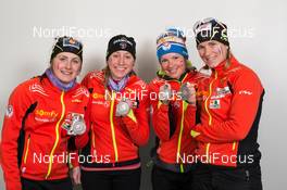 13.03.2015, Kontiolahti, Finland (FIN): Justine Braisaz (FRA), Enora Latuilliere (FRA), Marie Dorin (FRA), Anais Bescond (FRA), (l-r) - IBU world championships biathlon, medals, Kontiolahti (FIN). www.nordicfocus.com. © NordicFocus. Every downloaded picture is fee-liable.