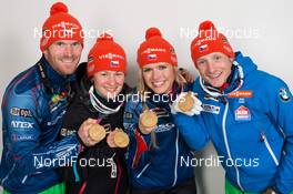 06.03.2015, Kontiolahti, Finland (FIN): Michal Slesingr (CZE), Veronika Vitkova (CZE), Gabriela Soukalova (CZE), Ondrej Moravec (CZE), (l-r) - IBU world championships biathlon, medals, Kontiolahti (FIN). www.nordicfocus.com. © NordicFocus. Every downloaded picture is fee-liable.