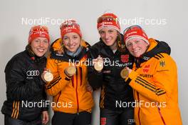 13.03.2015, Kontiolahti, Finland (FIN): Laura Dahlmeier (GER), Franziska Preuss (GER), Vanessa Hinz (GER), Franziska Hildebrand (GER), (l-r) - IBU world championships biathlon, medals, Kontiolahti (FIN). www.nordicfocus.com. © NordicFocus. Every downloaded picture is fee-liable.