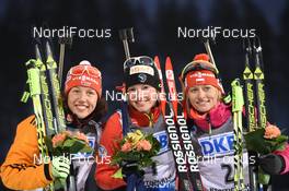 08.03.2015, Kontiolahti, Finland (FIN):  Laura DAHLMEIER(GER), Marie DORIN HABERT (FRA), Weronika NOWAKOWSKA-ZIEMNIAK (POL),  - IBU world championships biathlon, pursuit women, Kontiolahti (FIN). www.nordicfocus.com. © Evgeny Tumashov/ NordicFocus. Every downloaded picture is fee-liable.