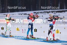 08.03.2015, Kontiolahti, Finland (FIN): Darya Domracheva (BLR), Ekaterina Shumilova (RUS), Weronika Novakowska (POL), (l-r) - IBU world championships biathlon, pursuit women, Kontiolahti (FIN). www.nordicfocus.com. © NordicFocus. Every downloaded picture is fee-liable.
