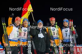 14.03.2015, Kontiolahti, Finland (FIN): Eric Lesser (GER), Simon Schempp (GER), Daniel Boehm (GER), Arnd Peiffer (GER), (l-r), Werner Brombach (GER) CEO Privatbrauerei Erdinger Weissbraeu Werner Brombach GmbH, (l-r) - IBU world championships biathlon, relay men, Kontiolahti (FIN). www.nordicfocus.com. © NordicFocus. Every downloaded picture is fee-liable.