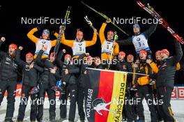 14.03.2015, Kontiolahti, Finland (FIN): Eric Lesser (GER), Simon Schempp (GER), Daniel Boehm (GER), Arnd Peiffer (GER), (l-r), Mark Kirchner (GER) coach Team Germany, Andi Stitzl (GER) coach Team Germany, (l-r) - IBU world championships biathlon, relay men, Kontiolahti (FIN). www.nordicfocus.com. © NordicFocus. Every downloaded picture is fee-liable.
