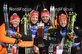 13.03.2015, Kontiolahti, Finland (FIN): Franziska HILDEBRAND (GER),  Franziska PREUSSHINZ (GER), Vanessa HINZ (GER), Laura DAHLMEIER (GER),  - IBU world championships biathlon, relay women, Kontiolahti (FIN). www.nordicfocus.com. © Evgeny Tumashov/ NordicFocus. Every downloaded picture is fee-liable.