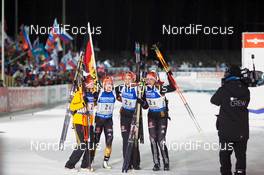 13.03.2015, Kontiolahti, Finland (FIN): Franziska Hildebrand (GER), Laura Dahlmeier (GER), Franziska Preuss (GER), Vanessa Hinz (GER), (l-r) - IBU world championships biathlon, relay women, Kontiolahti (FIN). www.nordicfocus.com. © NordicFocus. Every downloaded picture is fee-liable.