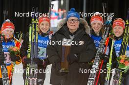13.03.2015, Kontiolahti, Finland (FIN): Franziska Hildebrand (GER), Franziska Preuss (GER), Werner Brombach (GER) CEO Privatbrauerei Erdinger Weissbraeu Werner Brombach GmbH, Vanessa Hinz (GER), Laura Dahlmeier (GER), (l-r) - IBU world championships biathlon, relay women, Kontiolahti (FIN). www.nordicfocus.com. © NordicFocus. Every downloaded picture is fee-liable.