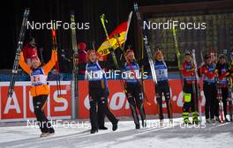 13.03.2015, Kontiolahti, Finland (FIN): Franziska HILDEBRAND (GER),  Franziska PREUSSHINZ (GER), Vanessa HINZ (GER), Laura DAHLMEIER (GER), Anais BESCOND (FRA), Enora LATUILLIERE (FRA), Justine BRAISAZ (FRA) ,  - IBU world championships biathlon, relay women, Kontiolahti (FIN). www.nordicfocus.com. © Evgeny Tumashov/ NordicFocus. Every downloaded picture is fee-liable.