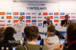 15.03.2015, Kontiolahti, Finland (FIN): Ivor Lehotan (SVK) IBU vice president responsible for information, Anders Besseberg (NOR) president of International Biathlon Union, Nicole Resch (GER) IBU secretary general, (l-r) - IBU world championships biathlon, training, Kontiolahti (FIN). www.nordicfocus.com. © NordicFocus. Every downloaded picture is fee-liable.