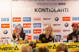 06.03.2015, Kontiolahti, Finland (FIN): Darya Domracheva (BLR), Kaisa Maekaeraeinen (FIN), Jakov Fak (SLO), (l-r) - IBU world championships biathlon, training, Kontiolahti (FIN). www.nordicfocus.com. © NordicFocus. Every downloaded picture is fee-liable.