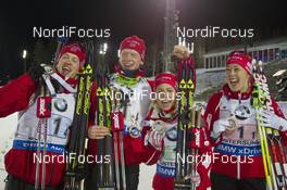 29.11.2015, Oestersund, Sweden (SWE): Tarjei Boe (NOR), Johannes Thingnes Boe (NOR), Tiril Eckhoff (NOR), Fanny Horn Birkeland (NOR) - IBU world cup biathlon, relay mixed, Oestersund (SWE). www.nordicfocus.com. © Manzoni/NordicFocus. Every downloaded picture is fee-liable.