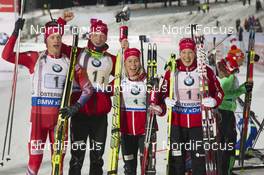 29.11.2015, Oestersund, Sweden (SWE): Tarjei Boe (NOR), Johannes Thingnes Boe (NOR), Tiril Eckhoff (NOR), Fanny Horn Birkeland (NOR) - IBU world cup biathlon, relay mixed, Oestersund (SWE). www.nordicfocus.com. © Manzoni/NordicFocus. Every downloaded picture is fee-liable.