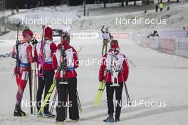 29.11.2015, Oestersund, Sweden (SWE): Tarjei Boe (NOR), Johannes Thingnes Boe (NOR), Fanny Horn Birkeland (NOR), Tiril Eckhoff (NOR) wait for Simon Schempp (GER) - IBU world cup biathlon, relay mixed, Oestersund (SWE). www.nordicfocus.com. © Manzoni/NordicFocus. Every downloaded picture is fee-liable.