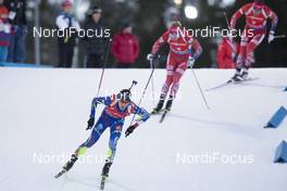 06.12.2015, Oestersund, Sweden (SWE): Quentin Fillon Maillet (FRA), Johannes Thingnes Boe (NOR), Emil Hegle Svendsen (NOR), (l-r) -  IBU world cup biathlon, pursuit men, Oestersund (SWE). www.nordicfocus.com. © Manzoni/NordicFocus. Every downloaded picture is fee-liable.
