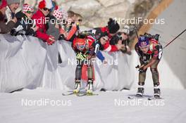 12.12.2015, Hochfilzen, Austria (AUT): Laura Dahlmeier (GER), Miriam Goessner (GER), (l-r) -  IBU world cup biathlon, pursuit women, Hochfilzen (AUT). www.nordicfocus.com. © Manzoni/NordicFocus. Every downloaded picture is fee-liable.
