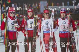 13.12.2015, Hochfilzen, Austria (AUT): Johannes Thingnes Boe (NOR), Tarjei Boe (NOR), Emil Hegle Svendsen (NOR), Henrik l'Abee-Lund (NOR), (l-r) -  IBU world cup biathlon, relay men, Hochfilzen (AUT). www.nordicfocus.com. © Manzoni/NordicFocus. Every downloaded picture is fee-liable.