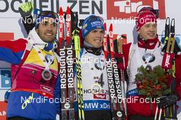 11.12.2015, Hochfilzen, Austria (AUT): Martin Fourcade (FRA), Simon Schempp (GER), Tarjei Boe (NOR), (l-r) -  IBU world cup biathlon, sprint men, Hochfilzen (AUT). www.nordicfocus.com. © Manzoni/NordicFocus. Every downloaded picture is fee-liable.