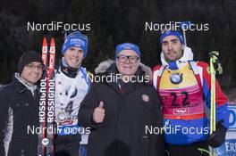 11.12.2015, Hochfilzen, Austria (AUT): Simon Schempp (GER), Martin Fourcade (FRA), (l-r), Werner Brombach (GER) CEO Privatbrauerei Erdinger Weissbraeu Werner Brombach GmbH, (l-r) -  IBU world cup biathlon, sprint men, Hochfilzen (AUT). www.nordicfocus.com. © Manzoni/NordicFocus. Every downloaded picture is fee-liable.