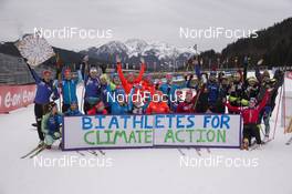 09.12.2015, Hochfilzen, Austria (AUT): Hannah Dreissigacker (USA, middle) organised a statement for Climate action. A lot of Biathletes like Tirill Eckhoff (NOR), Annukka Siltakorpi (FIN), Synnoeve Solemdal (NOR), Annalise Cook (USA), Kaisa Maekaeraeinen (FIN), Marie Dorin Haber (FRA) and many others joined Hannah -  IBU world cup biathlon, training, Hochfilzen (AUT). www.nordicfocus.com. © Manzoni/NordicFocus. Every downloaded picture is fee-liable.