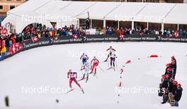 06.01.2015, Val Mustair, Switzerland (SUI): Marit Bjoergen (NOR), Stina Nilsson (SWE), Evgenia Shapovalova (RUS), Gaia Vuerich (ITA), Sophie Caldwell (USA), Hanna Kolb (GER), (l-r)  - FIS world cup cross-country, tour de ski, individual sprint, Val Mustair (SUI). www.nordicfocus.com. © Felgenhauer/NordicFocus. Every downloaded picture is fee-liable.