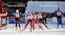 06.01.2015, Val Mustair, Switzerland (SUI): Sophie Caldwell (USA), Therese Johaug (NOR), Gaia Vuerich (ITA), Aurore Jean (FRA), Laura Mononen (FIN), (l-r)  - FIS world cup cross-country, tour de ski, individual sprint, Val Mustair (SUI). www.nordicfocus.com. © Felgenhauer/NordicFocus. Every downloaded picture is fee-liable.