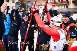 06.01.2015, Val Mustair, Switzerland (SUI): italian team celebrates with Federico Pellegrino (ITA) - FIS world cup cross-country, tour de ski, individual sprint, Val Mustair (SUI). www.nordicfocus.com. © Felgenhauer/NordicFocus. Every downloaded picture is fee-liable.