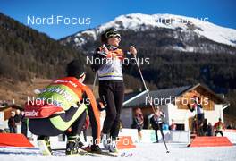 05.01.2015, Val Mustair, Switzerland (SUI): Celia Aymonier (FRA) chosing skis - FIS world cup cross-country, tour de ski, training, Val Mustair (SUI). www.nordicfocus.com. © Felgenhauer/NordicFocus. Every downloaded picture is fee-liable.