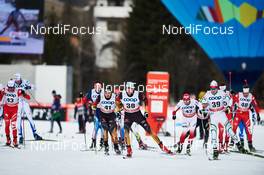 08.01.2015, Cortina-Toblach, Italy (ITA): Giorgio Di Centa (ITA), Thomas Bing (GER), Tim Tscharnke (GER), Maciej Kreczmer (POL), Veselin Tsinzov (BUL), (l-r)  - FIS world cup cross-country, tour de ski, pursuit men, Cortina-Toblach (ITA). www.nordicfocus.com. © Felgenhauer/NordicFocus. Every downloaded picture is fee-liable.