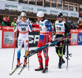 08.01.2015, Cortina-Toblach, Italy (ITA): Marcus Hellner (SWE), Chris Andre Jespersen (NOR), Maurice Manificat (FRA), (l-r)  - FIS world cup cross-country, tour de ski, pursuit men, Cortina-Toblach (ITA). www.nordicfocus.com. © Felgenhauer/NordicFocus. Every downloaded picture is fee-liable.