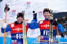 08.01.2015, Cortina-Toblach, Italy (ITA): Jeff Ellis (CAN) and Michal Lamplot (CZE), happy about a short run - FIS world cup cross-country, tour de ski, pursuit men, Cortina-Toblach (ITA). www.nordicfocus.com. © Felgenhauer/NordicFocus. Every downloaded picture is fee-liable.