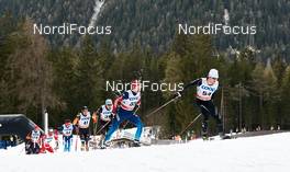 08.01.2015, Cortina-Toblach, Italy (ITA): Florian Notz (GER), David Hofer (ITA), Andrey Larkov (RUS), Thomas Bing (GER), Tim Tscharnke (GER), Stanislav Volzhentsev (RUS), Roman Furger (SUI), (l-r)  - FIS world cup cross-country, tour de ski, pursuit men, Cortina-Toblach (ITA). www.nordicfocus.com. © Felgenhauer/NordicFocus. Every downloaded picture is fee-liable.
