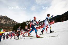 09.01.2015, Val di Fiemme, Italy (ITA): Eldar Roenning (NOR), Simen Andreas Sveen (NOR), Dario Cologna (SUI), Tim Tscharnke (GER), Evgeniy Belov (RUS), Calle Halfvarsson (SWE), (l-r)  - FIS world cup cross-country, tour de ski, mass men, Val di Fiemme (ITA). www.nordicfocus.com. © Felgenhauer/NordicFocus. Every downloaded picture is fee-liable.