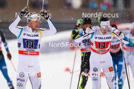 18.01.2015, Otepaeae, Estland (EST): (l-r) Emil Joensson (SWE), Fischer, Swix, Rottefella, Craft and Teodor Peterson (SWE), Rossignol, Skigo, Rottefella, Craft after a changeover - FIS world cup cross-country, team sprint, Otepaeae (EST). www.nordicfocus.com. © Laiho/NordicFocus. Every downloaded picture is fee-liable.