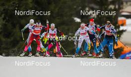 18.01.2015, Otepaeae, Estland (EST): (l-r) Maiken Caspersen Falla (NOR), Fischer, Swix, Rottefella , Sandra Ringwald (GER), Madshus, One Way, Rottefella, Adidas, Magdalena Pajala (SWE), Fischer, Swix, Rottefella, Craft and Anne Kylloenen (FIN), Fischer, Swix, Rottefella - FIS world cup cross-country, team sprint, Otepaeae (EST). www.nordicfocus.com. © Laiho/NordicFocus. Every downloaded picture is fee-liable.
