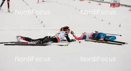 24.01.2015, Rybinsk, Russia (RUS): (l-r) Laurien van der Graaff (SUI), Rossignol, One Way, Rottefella, Odlo and Natalia Matveeva (RUS), Fischer, Swix, Alpina, Rottefella, Adidas after photo finish in the final - FIS world cup cross-country, individual sprint, Rybinsk (RUS). www.nordicfocus.com. © Laiho/NordicFocus. Every downloaded picture is fee-liable.