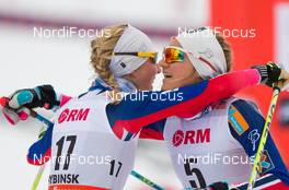 25.01.2015, Rybinsk, Russia (RUS): (l-r) Kristin Stoermer Steira (NOR), Madshus, One Way, Rottefella and Martine Ek Hagen (NOR), Rossignol, KV+, Rottefella - FIS world cup cross-country, skiathlon women, Rybinsk (RUS). www.nordicfocus.com. © Laiho/NordicFocus. Every downloaded picture is fee-liable.