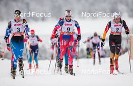 25.01.2015, Rybinsk, Russia (RUS): (l-r) Kerttu Niskanen (FIN), Fischer, Yoko, Rottefella, Astrid Uhrenholdt Jacobsen (NOR) Rossignol, Rottefella and Stefanie Boehler (GER), Rossignol, Swix, Alpina, Rottefella, Adidas - FIS world cup cross-country, skiathlon women, Rybinsk (RUS). www.nordicfocus.com. © Laiho/NordicFocus. Every downloaded picture is fee-liable.
