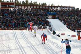 14.02.2015, Oestersund, Sweden (SWE): Federico Pellegrino (ITA), Alex Harvey (CAN), Paal Golberg (NOR), Martti Jylhae (FIN), (l-r),  in front of spectators - FIS world cup cross-country, individual sprint, Oestersund (SWE). www.nordicfocus.com. © Felgenhauer/NordicFocus. Every downloaded picture is fee-liable.
