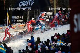 14.02.2015, Oestersund, Sweden (SWE): Tomas Northug (NOR), Federico Pellegrino (ITA), Alexander Panzhinskiy (RUS), Timo Andre Bakken (NOR), (l-r)  - FIS world cup cross-country, individual sprint, Oestersund (SWE). www.nordicfocus.com. © Felgenhauer/NordicFocus. Every downloaded picture is fee-liable.