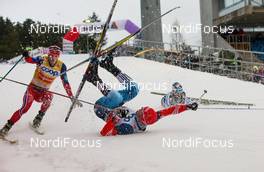 07.03.2015, Lahti, Finland (FIN): (l-r) Martin Jonsrud Sundby (NOR), Fischer, KV+, Rottefella, Anton Gafarov (RUS), Salomon, Swix, Adidas and Ristomatti Hakola (FIN), Fischer, Exel - FIS world cup cross-country, individual sprint, Lahti (FIN). www.nordicfocus.com. © Laiho/NordicFocus. Every downloaded picture is fee-liable.