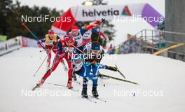 07.03.2015, Lahti, Finland (FIN): Martti Jylhae (FIN), Salomon, Yoko and Ristomatti Hakola (FIN), Fischer, Exel crashing behind - FIS world cup cross-country, individual sprint, Lahti (FIN). www.nordicfocus.com. © Laiho/NordicFocus. Every downloaded picture is fee-liable.
