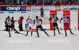 07.03.2015, Lahti, Finland (FIN): (l-r) Renaud Jay (FRA), Salomon, One Way, Johan Edin (SWE), Rossignol, Swix, Rottefella, Craft, Baptiste Gros (FRA), Salomon, Swix, One Way, Richard Jouve (FRA), Rossignol, One Way and Haavard Solaas Taugboel (NOR), Madshus, Swix - FIS world cup cross-country, individual sprint, Lahti (FIN). www.nordicfocus.com. © Laiho/NordicFocus. Every downloaded picture is fee-liable.