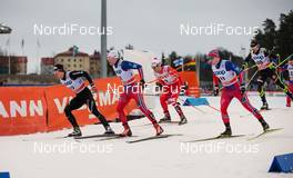 07.03.2015, Lahti, Finland (FIN): (l-r) Roman Schaad (SUI), Salomon, Swix, Odlo, Eirik Brandsdal (NOR), Fischer, Alpina, Rottefella, Federico Pellegrino (ITA), Rossignol, Rottefella, Sindre Bjoernestad Skar (NOR), Fischer, Swix and Paul Goalabre (FRA) - FIS world cup cross-country, individual sprint, Lahti (FIN). www.nordicfocus.com. © Laiho/NordicFocus. Every downloaded picture is fee-liable.