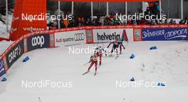 07.03.2015, Lahti, Finland (FIN): Marit Bjoergen (NOR), Fischer, Swix, Rottefella followed by Ingvild Flugstad Oestberg (NOR), Madshus, Swix, Rottefella, Kikkan Randall (USA), Fischer, Yoko, Rottefella and Jessica Diggins (USA), Salomon, One Way - FIS world cup cross-country, individual sprint, Lahti (FIN). www.nordicfocus.com. © Laiho/NordicFocus. Every downloaded picture is fee-liable.