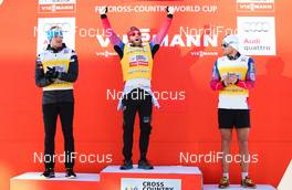 14.03.2015, Oslo, Norway (NOR): World cup overall (l-r) Dario Cologna (SUI), Fischer, One Way, Rottefella, Odlo, Martin Jonsrud Sundby (NOR), Fischer, KV+, Rottefella and Petter Northug (NOR), Fischer, Swix, Rottefella - FIS world cup cross-country, mass men, Oslo (NOR). www.nordicfocus.com. © Laiho/NordicFocus. Every downloaded picture is fee-liable.