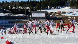 14.03.2015, Oslo, Norway (NOR): Finn Haagen Krogh (NOR), Michail Semenov (BLR), Alex Harvey (CAN), Petter Northug (NOR), Maurice Manificat (FRA), Hans Christer Holund (NOR), Marcus Hellner (SWE), Robin Duvillard (FRA), Mathias Rundgreen (NOR), (l-r)  - FIS world cup cross-country, mass men, Oslo (NOR). www.nordicfocus.com. © Felgenhauer/NordicFocus. Every downloaded picture is fee-liable.