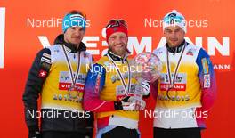 14.03.2015, Oslo, Norway (NOR): world cup overall (l-r) Dario Cologna (SUI), Fischer, One Way, Rottefella, Odlo, Martin Jonsrud Sundby (NOR), Fischer, KV+, Rottefella and Petter Northug (NOR), Fischer, Swix, Rottefella - FIS world cup cross-country, mass men, Oslo (NOR). www.nordicfocus.com. © Laiho/NordicFocus. Every downloaded picture is fee-liable.