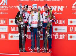 25.02.2015, Falun, Sweden (SWE): Maurice Manificat (FRA), Johan Olsson (SWE), Anders Gloeersen (NOR), (l-r)  - FIS nordic world ski championships, cross-country, 15km men, Falun (SWE). www.nordicfocus.com. © NordicFocus. Every downloaded picture is fee-liable.